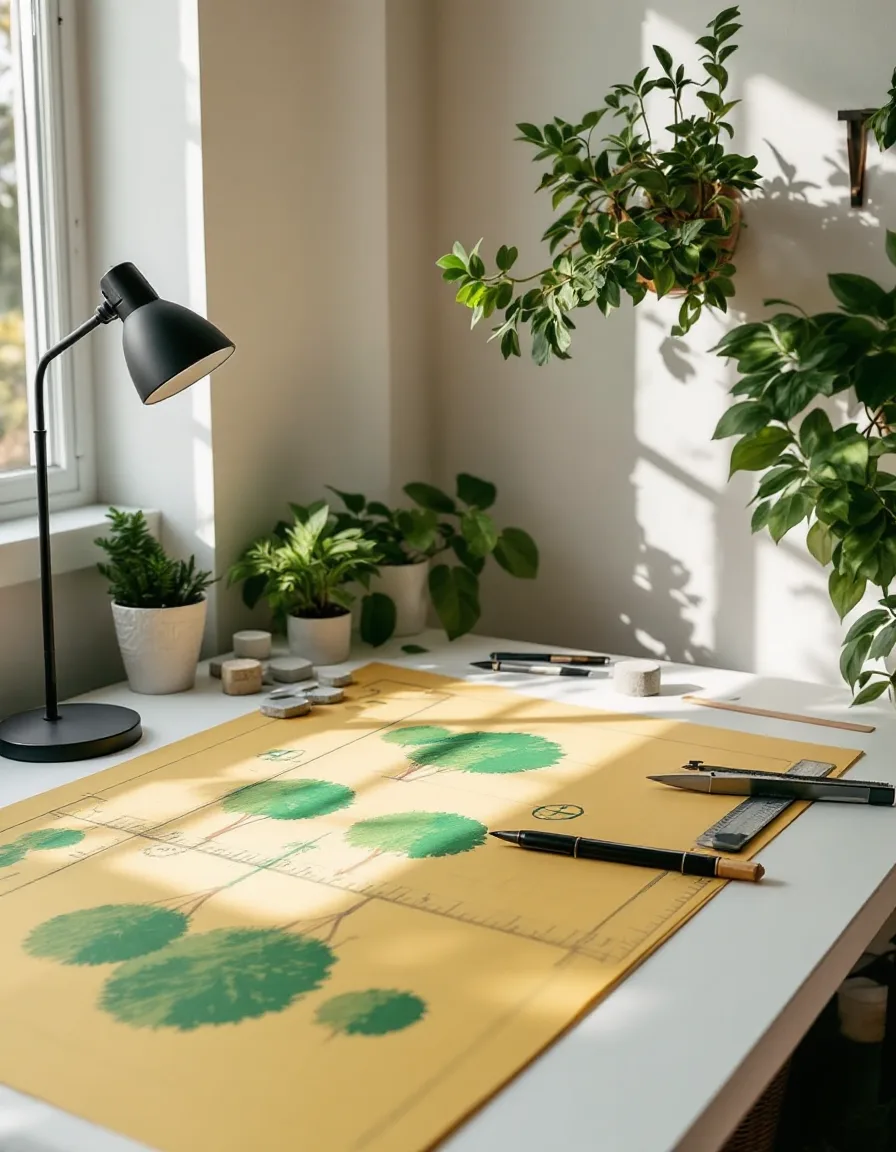 The Arborith drafting table: a planting plan on trace paper with green canopy circles, a scale ruler and stone samples in late-afternoon light