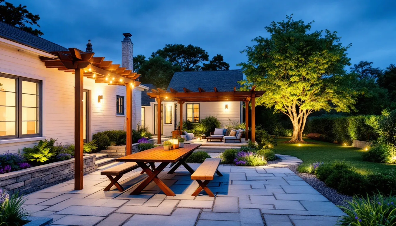 A dusk rendering of a backyard with a bluestone terrace, stone seat wall, grasses and warm landscape lighting