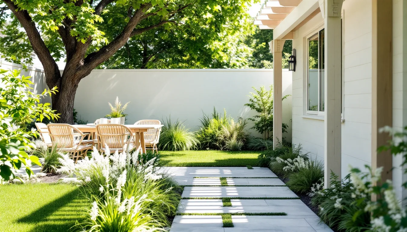 A sunlit backyard terrace of bluestone with ornamental grasses, a cedar pergola and a wooden table set with two mugs